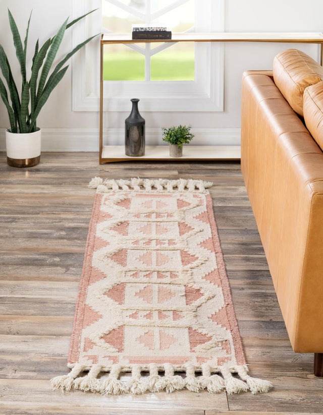 Pink and White 2' 2 x 8' 2 Mesa Runner Area Rug 100% Wool Geometric All Natural Carpet for Living, Dining, Office, Bedrooms, Dorms, Kitchens for Sale at Rug Engine