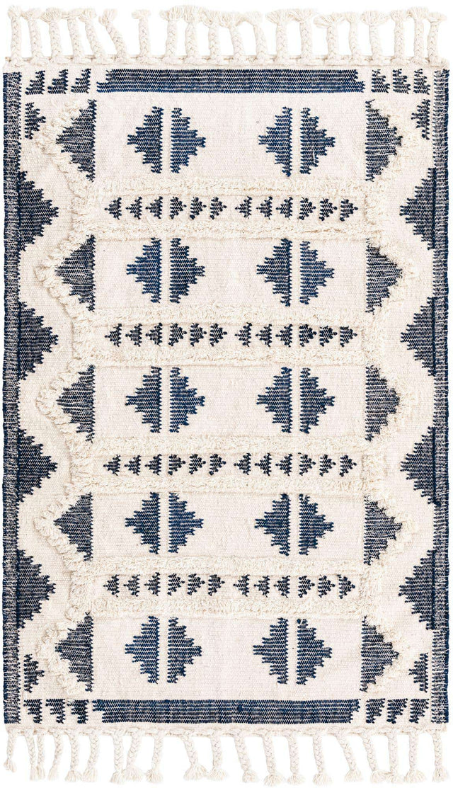 Navy Blue and White 4' 1 x 6' 1 Mesa Rectangle Area Rug 100% Wool Geometric All Natural Carpet for Living, Dining, Office, Bedrooms, Dorms, Kitchens for Sale at Rug Engine