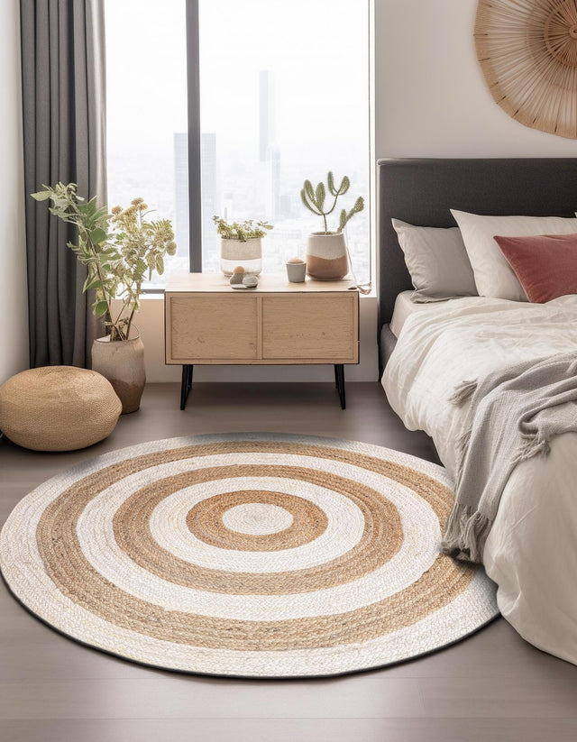 White Natural 5' 1 x 5' 1 Braided Jute Round Area Rug 100% Jute Hand Braided Natural Eco-Friendly Boho Style Carpet for Living Rooms Dining Office Space Dorms for Sale at Rug Engine