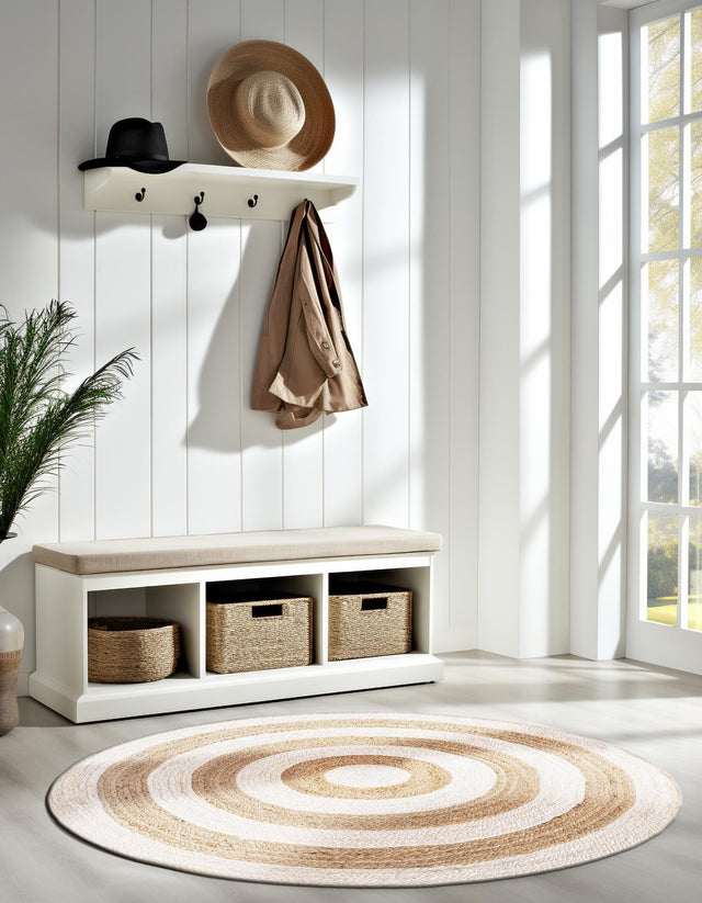 White Natural 5' 1 x 5' 1 Braided Jute Round Area Rug 100% Jute Hand Braided Natural Eco-Friendly Boho Style Carpet for Living Rooms Dining Office Space Dorms for Sale at Rug Engine