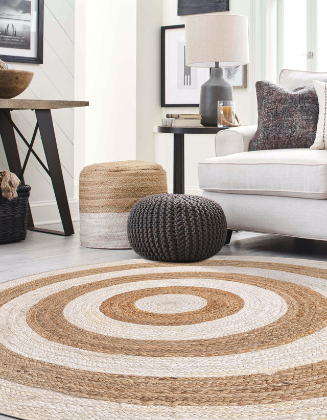 White Natural 7' 1 x 7' 1 Braided Jute Round Area Rug 100% Jute Hand Braided Natural Eco-Friendly Boho Style Carpet for Living Rooms Dining Office Space Dorms for Sale at Rug Engine