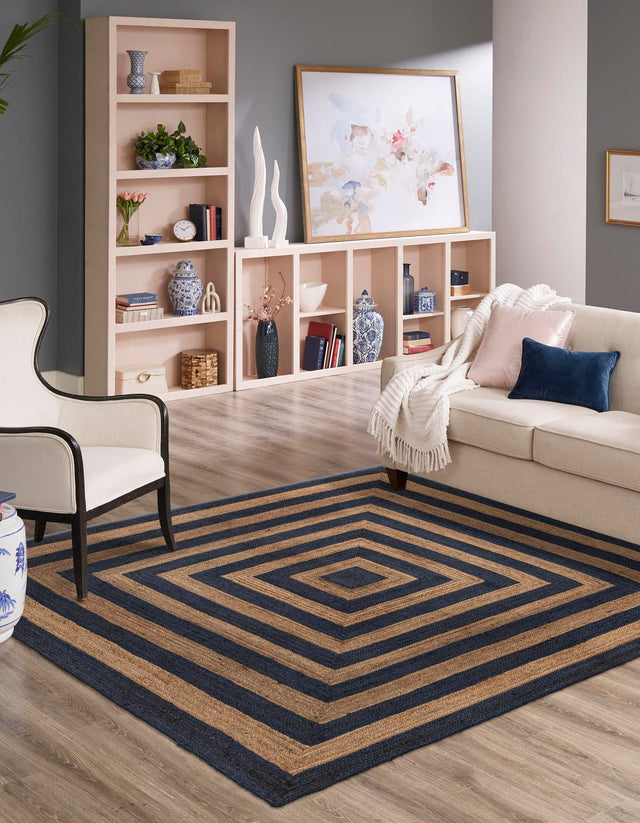 Navy Blue Natural 10' x 10' Braided Jute Square Area Rug 100% Jute Hand Braided Natural Eco-Friendly Boho Style Carpet for Living Rooms Dining Office Space Dorms for Sale at Rug Engine