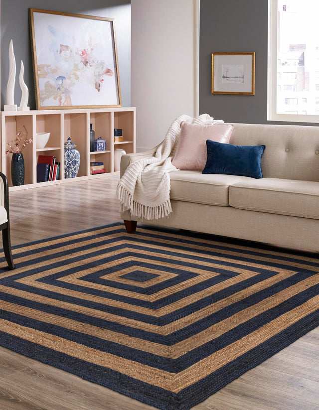 Navy Blue Natural 10' x 10' Braided Jute Square Area Rug 100% Jute Hand Braided Natural Eco-Friendly Boho Style Carpet for Living Rooms Dining Office Space Dorms for Sale at Rug Engine