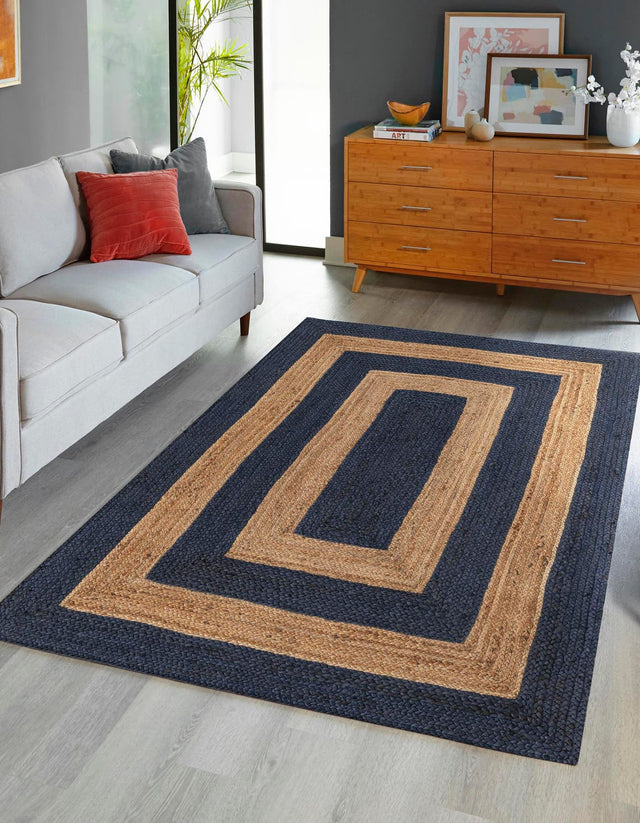Navy Blue Natural 4' 1 x 6' 1 Braided Jute Rectangle Area Rug 100% Jute Hand Braided Natural Eco-Friendly Boho Style Carpet for Living Rooms Dining Office Space Dorms for Sale at Rug Engine