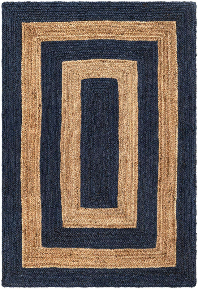 Navy Blue Natural 4' 1 x 6' 1 Braided Jute Rectangle Area Rug 100% Jute Hand Braided Natural Eco-Friendly Boho Style Carpet for Living Rooms Dining Office Space Dorms for Sale at Rug Engine