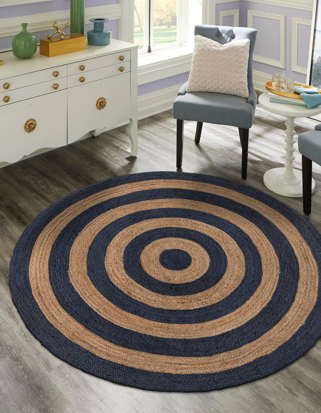 Navy Blue Natural 4' 1 x 4' 1 Braided Jute Round Area Rug 100% Jute Hand Braided Natural Eco-Friendly Boho Style Carpet for Living Rooms Dining Office Space Dorms for Sale at Rug Engine
