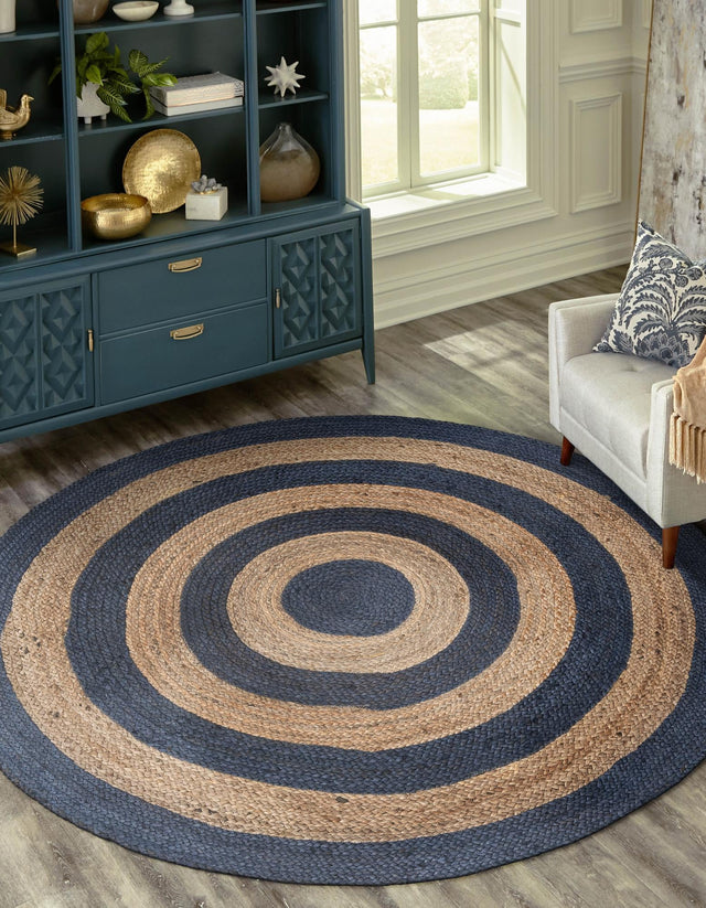 Navy Blue Natural 5' 1 x 5' 1 Braided Jute Round Area Rug 100% Jute Hand Braided Natural Eco-Friendly Boho Style Carpet for Living Rooms Dining Office Space Dorms for Sale at Rug Engine