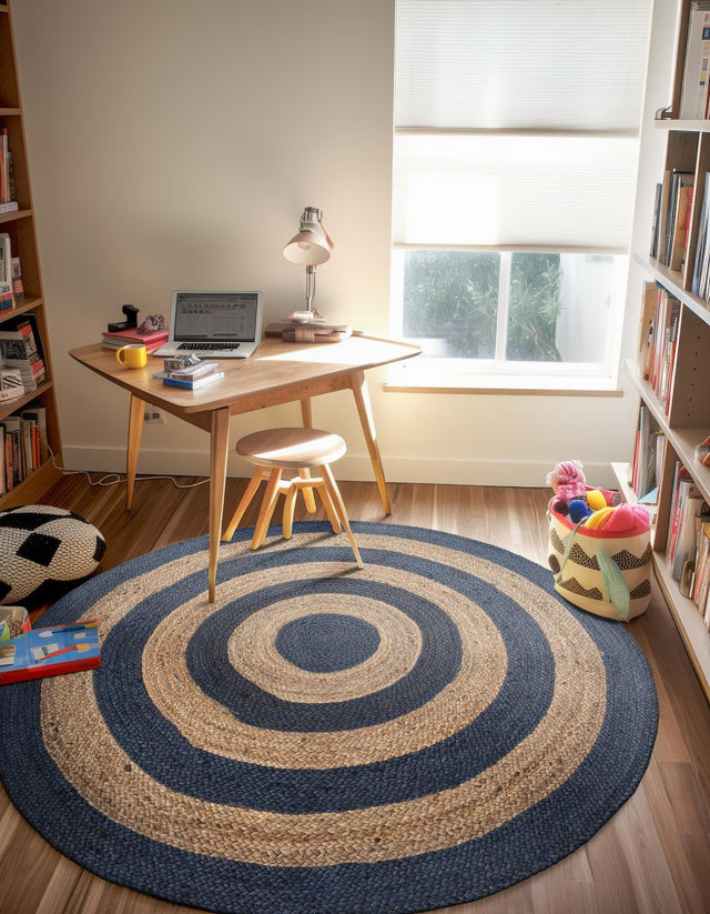 Navy Blue Natural 4' 1 x 4' 1 Braided Jute Round Area Rug 100% Jute Hand Braided Natural Eco-Friendly Boho Style Carpet for Living Rooms Dining Office Space Dorms for Sale at Rug Engine