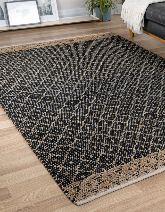 Black 6' 1 x 9' Chindi Trellis Rectangle Area Rug Natural Eco-Friendly Cotton Geometric Pattern Carpet for Living Dining Room Office Bedrooms for Sale at Rug Engine