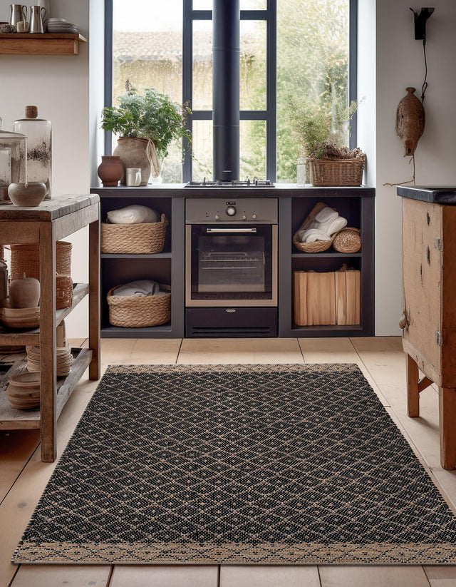 Black 6' 1 x 9' Chindi Trellis Rectangle Area Rug Natural Eco-Friendly Cotton Geometric Pattern Carpet for Living Dining Room Office Bedrooms for Sale at Rug Engine