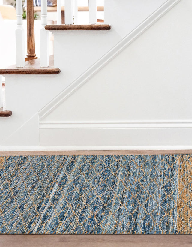Denim blue 2' 7 x 10' Chindi Trellis Runner Area Rug Natural Eco-Friendly Cotton Geometric Pattern Carpet for Living Dining Room Office Bedrooms for Sale at Rug Engine