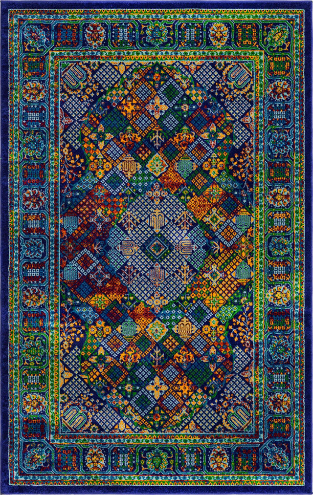 Navy Blue 6' 1 x 9' Calypso Rectangle Area Rug 100% Polypropylene With Cotton Backing Colorful Vivid Traditional Design Carpet for Living Office Dining Rooms for Sale at Rug Engine
