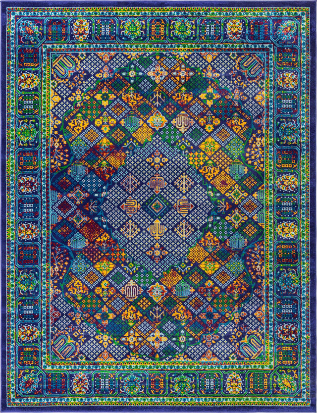 Navy Blue 7' 1 x 10' Calypso Rectangle Area Rug 100% Polypropylene With Cotton Backing Colorful Vivid Traditional Design Carpet for Living Office Dining Rooms for Sale at Rug Engine