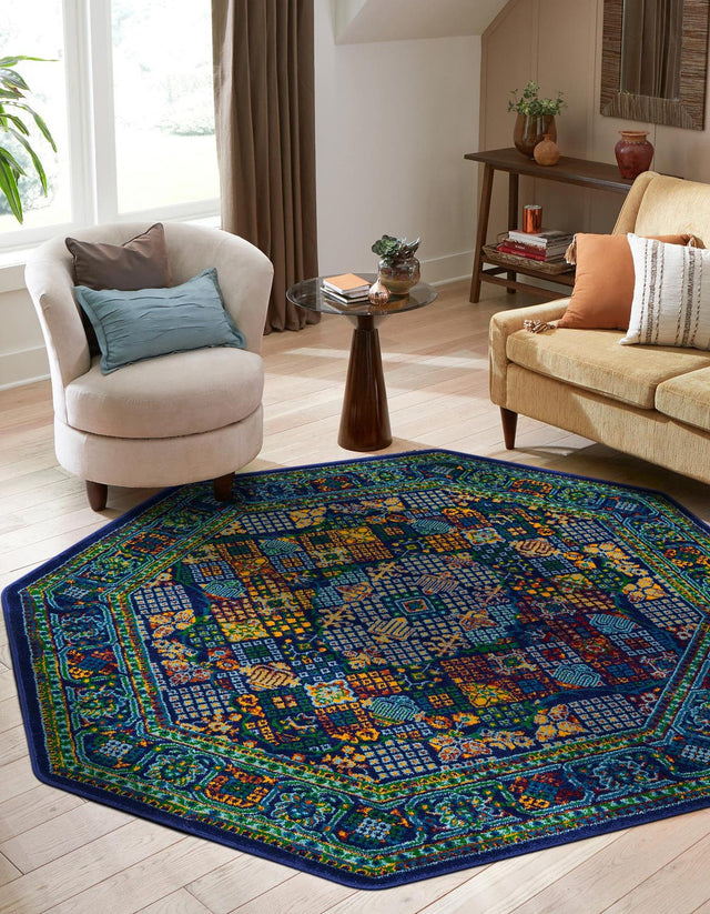 Navy Blue 7' 10 x 7' 10 Calypso Octagon Area Rug 100% Polypropylene With Cotton Backing Colorful Vivid Traditional Design Carpet for Living Office Dining Rooms for Sale at Rug Engine