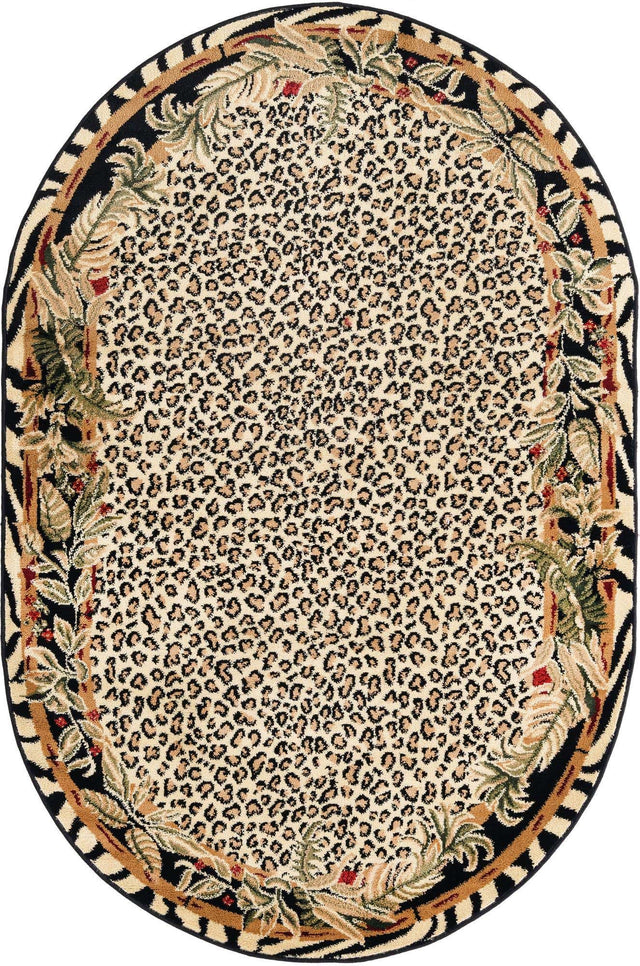 Cream 4' 1 x 6' 1 Wildlife Oval Area Rug Animal Print Safari Jungle Inspired Carpet for Unique Modern Interior Design for Sale at Rug Engine