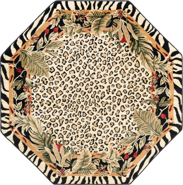 Cream 5' 3 x 5' 3 Wildlife Octagon Area Rug Animal Print Safari Jungle Inspired Carpet for Unique Modern Interior Design for Sale at Rug Engine