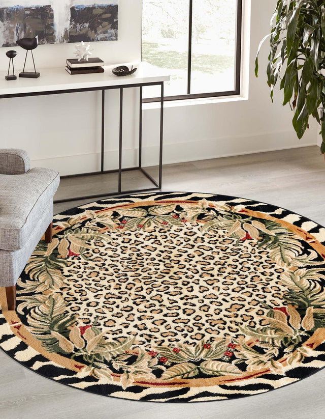 Cream 7' 10 x 7' 10 Wildlife Round Area Rug Animal Print Safari Jungle Inspired Carpet for Unique Modern Interior Design for Sale at Rug Engine