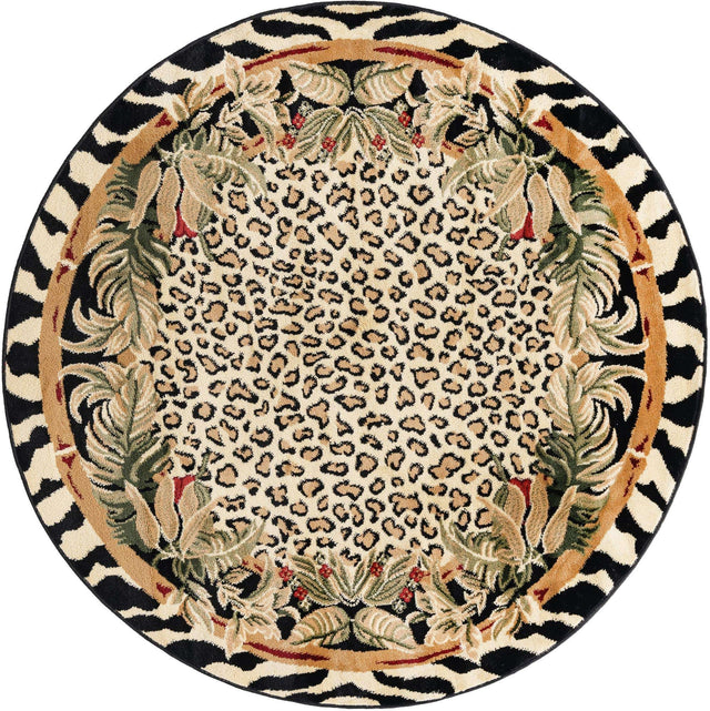 Cream 5' 3 x 5' 3 Wildlife Round Area Rug Animal Print Safari Jungle Inspired Carpet for Unique Modern Interior Design for Sale at Rug Engine