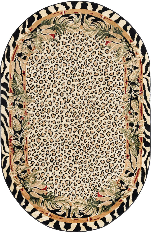 Cream 5' 3 x 8' Wildlife Oval Area Rug Animal Print Safari Jungle Inspired Carpet for Unique Modern Interior Design for Sale at Rug Engine