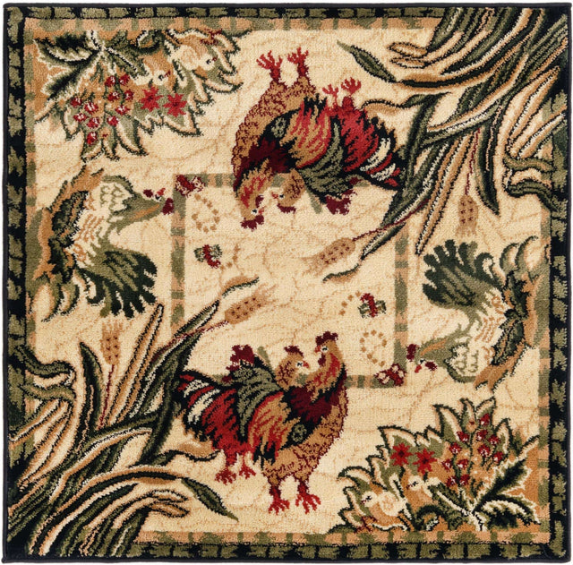 Cream 3' 1 x 3' 1 Barnyard Square Area Rug 100% Polypropylene With Cotton Backing Traditional Cottage Rustic Classical Carpet for Living Office Bedroom Dining Room Easy to Clean Long Lasting & Durable Decor for Sale at Rug Engine