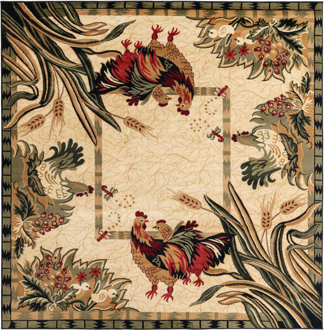 Cream 7' 10 x 7' 10 Barnyard Square Area Rug 100% Polypropylene With Cotton Backing Traditional Cottage Rustic Classical Carpet for Living Office Bedroom Dining Room Easy to Clean Long Lasting & Durable Decor for Sale at Rug Engine