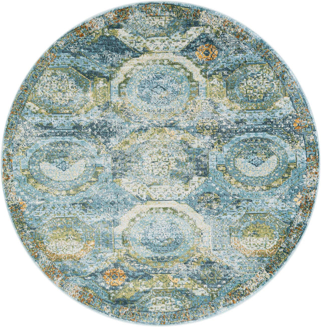 Light Blue 6' x 6' Baracoa Round Area Rug 100% Polypropylene Distressed Vintage Living Dining Room Office Traditional Carpet for Sale at Rug Engine