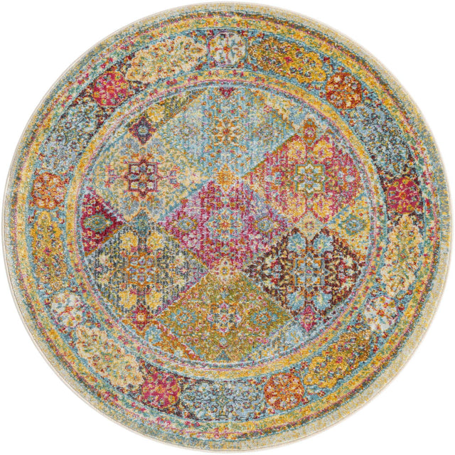 Multicolor 4' x 4' Baracoa Round Area Rug 100% Polypropylene Distressed Vintage Living Dining Room Office Traditional Carpet for Sale at Rug Engine