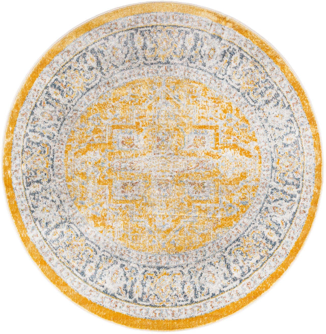Yellow 4' x 4' Baracoa Round Area Rug 100% Polypropylene Distressed Vintage Living Dining Room Office Traditional Carpet for Sale at Rug Engine