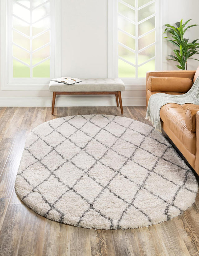 Pure Ivory 4' 1 x 6' 1 Rabat Shag Oval Area Rug Thick Soft Touch Fluffy & Plush Shaggy Pile Durable Geometric Carpet for Luxury Interior Design for Sale at Rug Engine