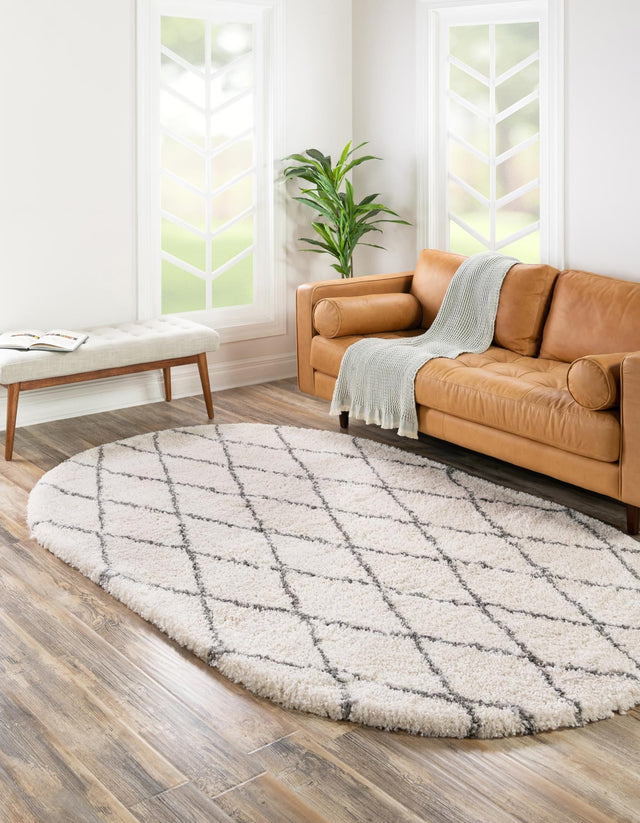 Pure Ivory 4' 1 x 6' 1 Rabat Shag Oval Area Rug Thick Soft Touch Fluffy & Plush Shaggy Pile Durable Geometric Carpet for Luxury Interior Design for Sale at Rug Engine