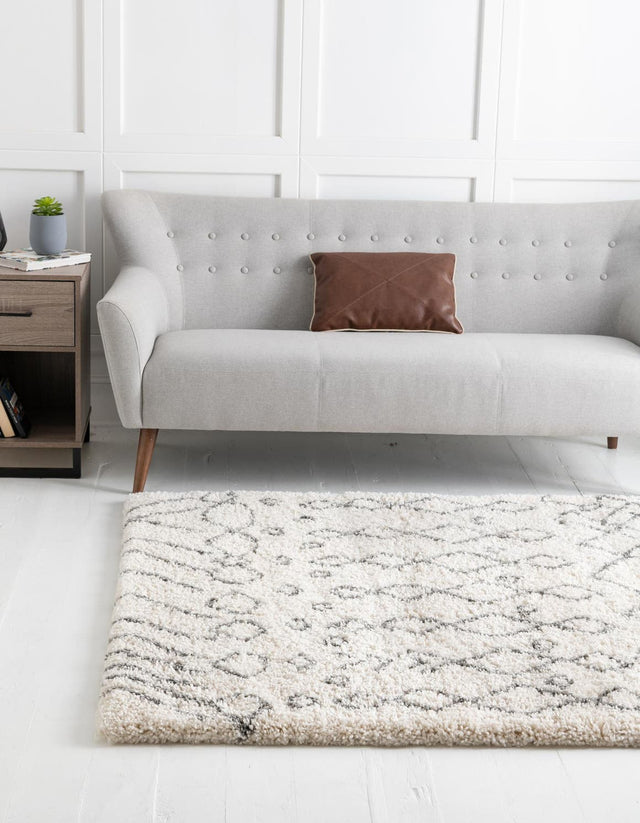 Pure Ivory 8' x 8' Rabat Shag Square Area Rug Thick Soft Touch Fluffy & Plush Shaggy Pile Durable Geometric Carpet for Luxury Interior Design for Sale at Rug Engine