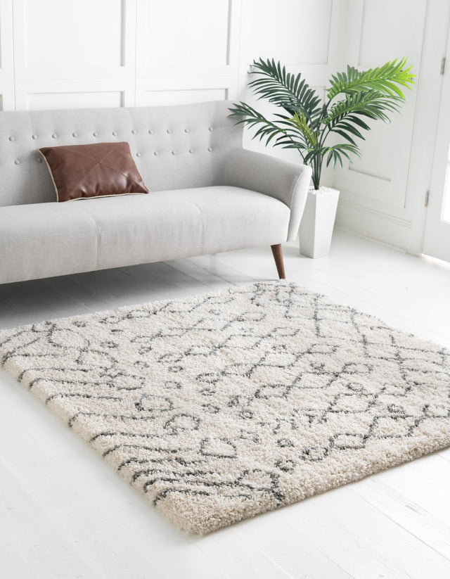 Pure Ivory 8' x 8' Rabat Shag Square Area Rug Thick Soft Touch Fluffy & Plush Shaggy Pile Durable Geometric Carpet for Luxury Interior Design for Sale at Rug Engine
