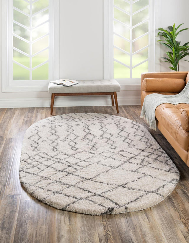 Pure Ivory 4' 1 x 6' 1 Rabat Shag Oval Area Rug Thick Soft Touch Fluffy & Plush Shaggy Pile Durable Geometric Carpet for Luxury Interior Design for Sale at Rug Engine