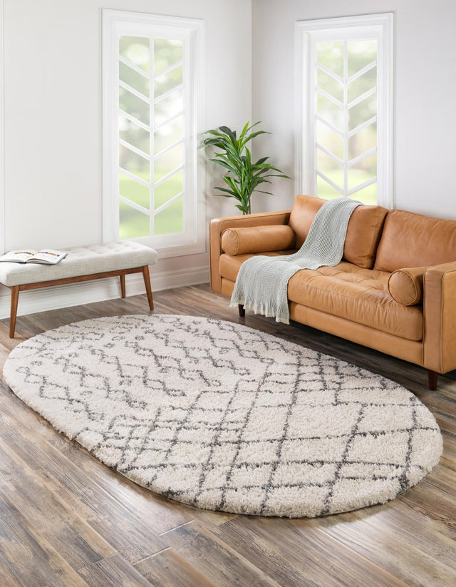 Pure Ivory 4' 1 x 6' 1 Rabat Shag Oval Area Rug Thick Soft Touch Fluffy & Plush Shaggy Pile Durable Geometric Carpet for Luxury Interior Design for Sale at Rug Engine