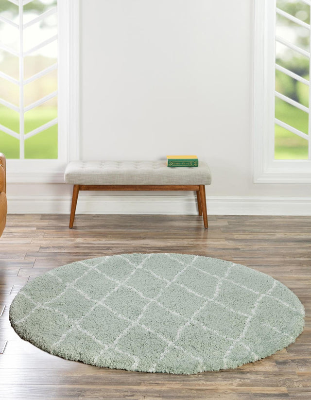 White Cyan 7' 10 x 7' 10 Rabat Shag Round Area Rug Thick Soft Touch Fluffy & Plush Shaggy Pile Durable Geometric Carpet for Luxury Interior Design for Sale at Rug Engine