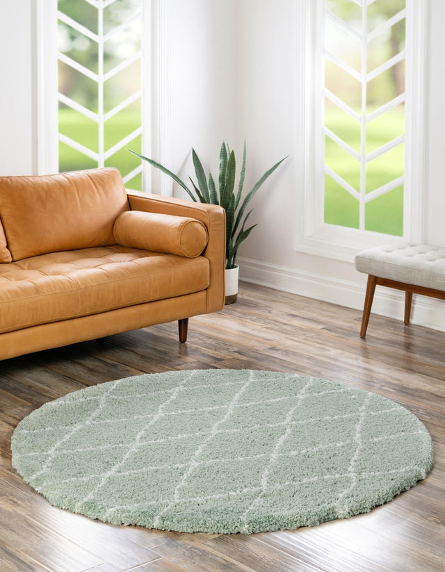 White Cyan 7' 10 x 7' 10 Rabat Shag Round Area Rug Thick Soft Touch Fluffy & Plush Shaggy Pile Durable Geometric Carpet for Luxury Interior Design for Sale at Rug Engine