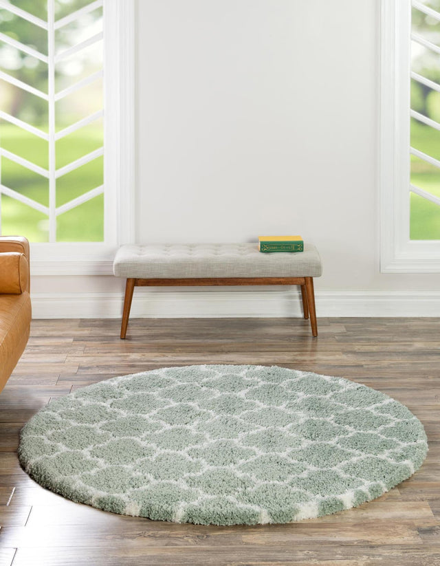 White Cyan 5' 3 x 5' 3 Rabat Shag Round Area Rug Thick Soft Touch Fluffy & Plush Shaggy Pile Durable Geometric Carpet for Luxury Interior Design for Sale at Rug Engine