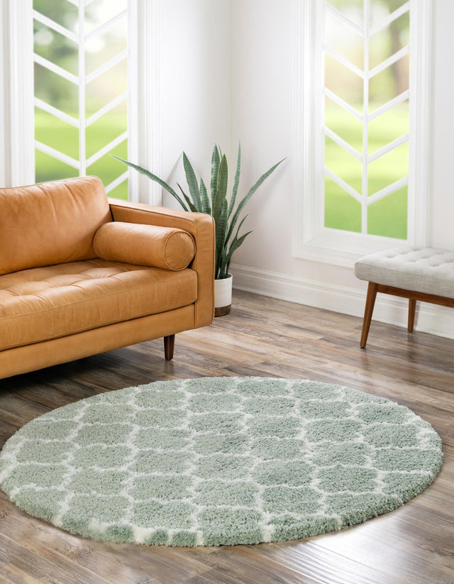White Cyan 7' 10 x 7' 10 Rabat Shag Round Area Rug Thick Soft Touch Fluffy & Plush Shaggy Pile Durable Geometric Carpet for Luxury Interior Design for Sale at Rug Engine