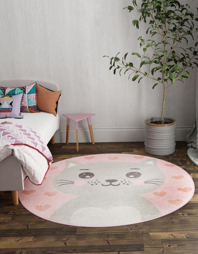 Pink 5' 3 x 5' 3 Whimsy Kids Round Area Rug for Baby Nursery, Toddler Playroom, Bedrooms Playful Fun Design Easy Clean Carpet for Sale at Rug Engine
