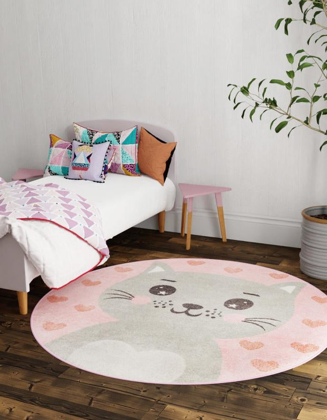 Pink 3' 3 x 3' 3 Whimsy Kids Round Area Rug for Baby Nursery, Toddler Playroom, Bedrooms