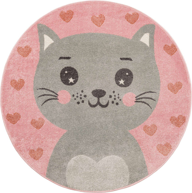 Pink 5' 3 x 5' 3 Whimsy Kids Round Area Rug for Baby Nursery, Toddler Playroom, Bedrooms Playful Fun Design Easy Clean Carpet for Sale at Rug Engine