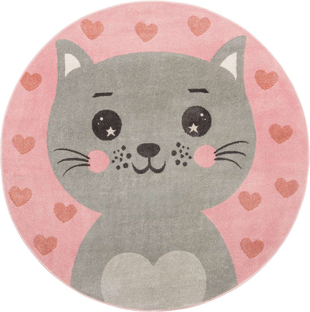 Pink 7' 10 x 7' 10 Whimsy Kids Round Area Rug for Baby Nursery, Toddler Playroom, Bedrooms Playful Fun Design Easy Clean Carpet for Sale at Rug Engine