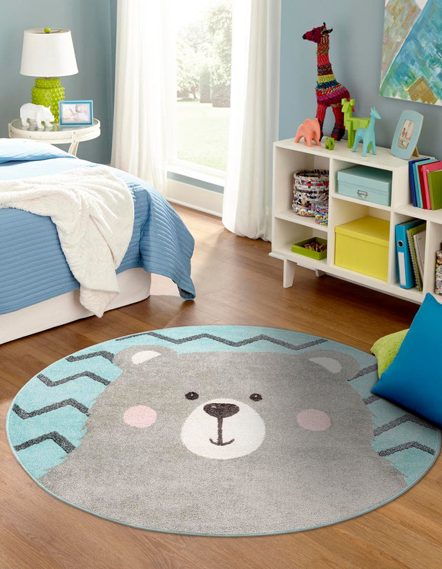 Blue 3' 3 x 3' 3 Whimsy Kids Round Area Rug for Baby Nursery, Toddler Playroom, Bedrooms Playful Fun Design Easy Clean Carpet for Sale at Rug Engine