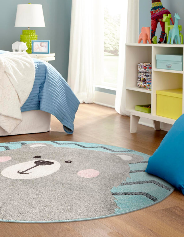 Blue 5' 3 x 5' 3 Whimsy Kids Round Area Rug for Baby Nursery, Toddler Playroom, Bedrooms Playful Fun Design Easy Clean Carpet for Sale at Rug Engine