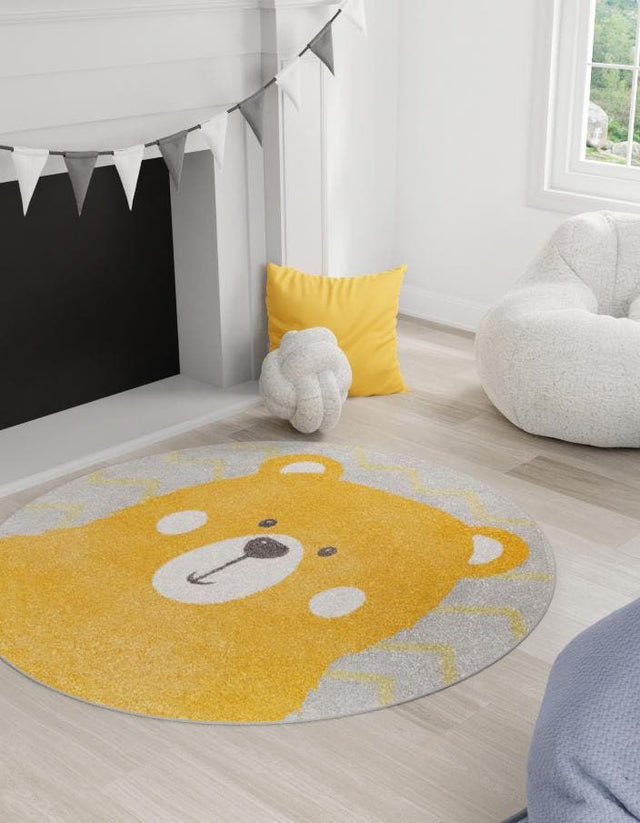Yellow 7' 10 x 7' 10 Whimsy Kids Round Area Rug for Baby Nursery, Toddler Playroom, Bedrooms Playful Fun Design Easy Clean Carpet for Sale at Rug Engine