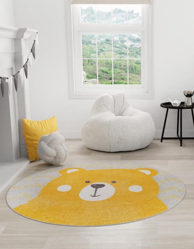 Yellow 5' 3 x 5' 3 Whimsy Kids Round Area Rug for Baby Nursery, Toddler Playroom, Bedrooms
