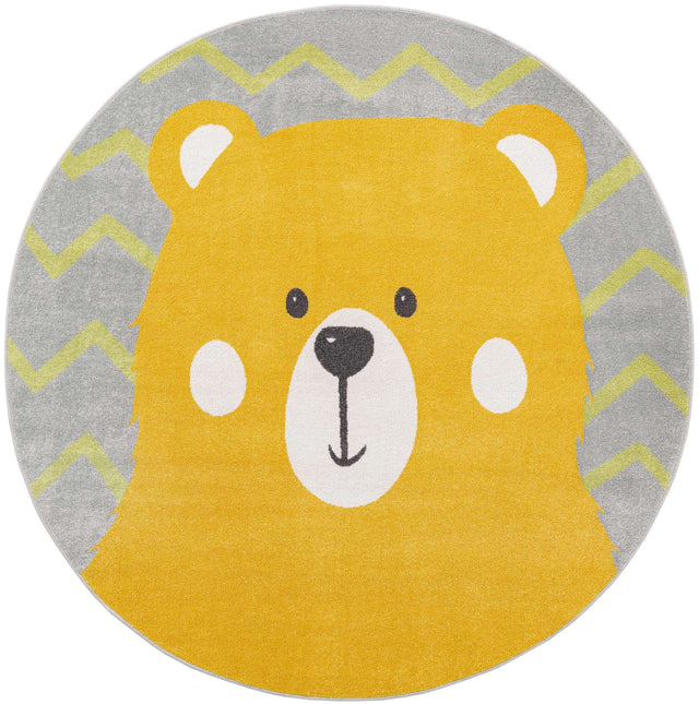 Yellow 7' 10 x 7' 10 Whimsy Kids Round Area Rug for Baby Nursery, Toddler Playroom, Bedrooms Playful Fun Design Easy Clean Carpet for Sale at Rug Engine