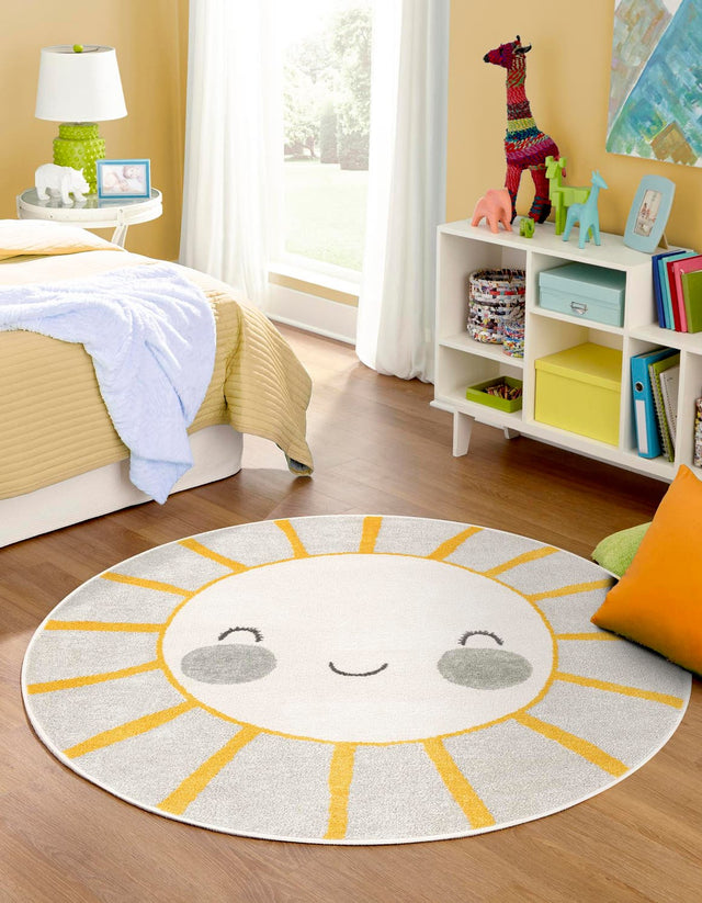 Gray 5' 3 x 5' 3 Whimsy Kids Round Area Rug for Baby Nursery, Toddler Playroom, Bedrooms