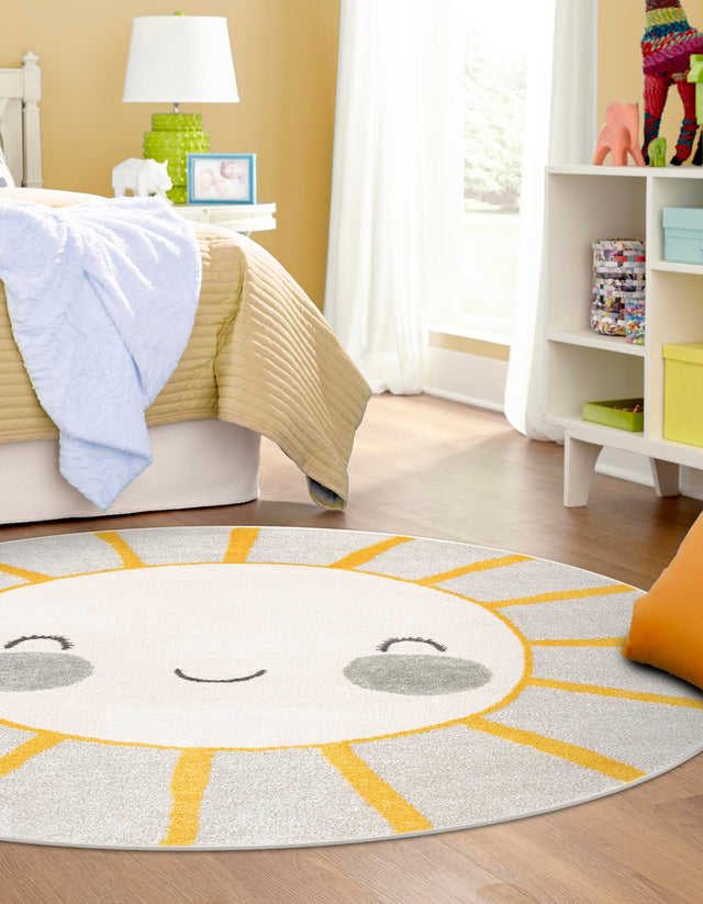 Gray 7' 10 x 7' 10 Whimsy Kids Round Area Rug for Baby Nursery, Toddler Playroom, Bedrooms Playful Fun Design Easy Clean Carpet for Sale at Rug Engine