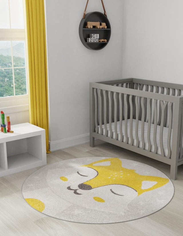 Gray 5' 3 x 5' 3 Whimsy Kids Round Area Rug for Baby Nursery, Toddler Playroom, Bedrooms Playful Fun Design Easy Clean Carpet for Sale at Rug Engine